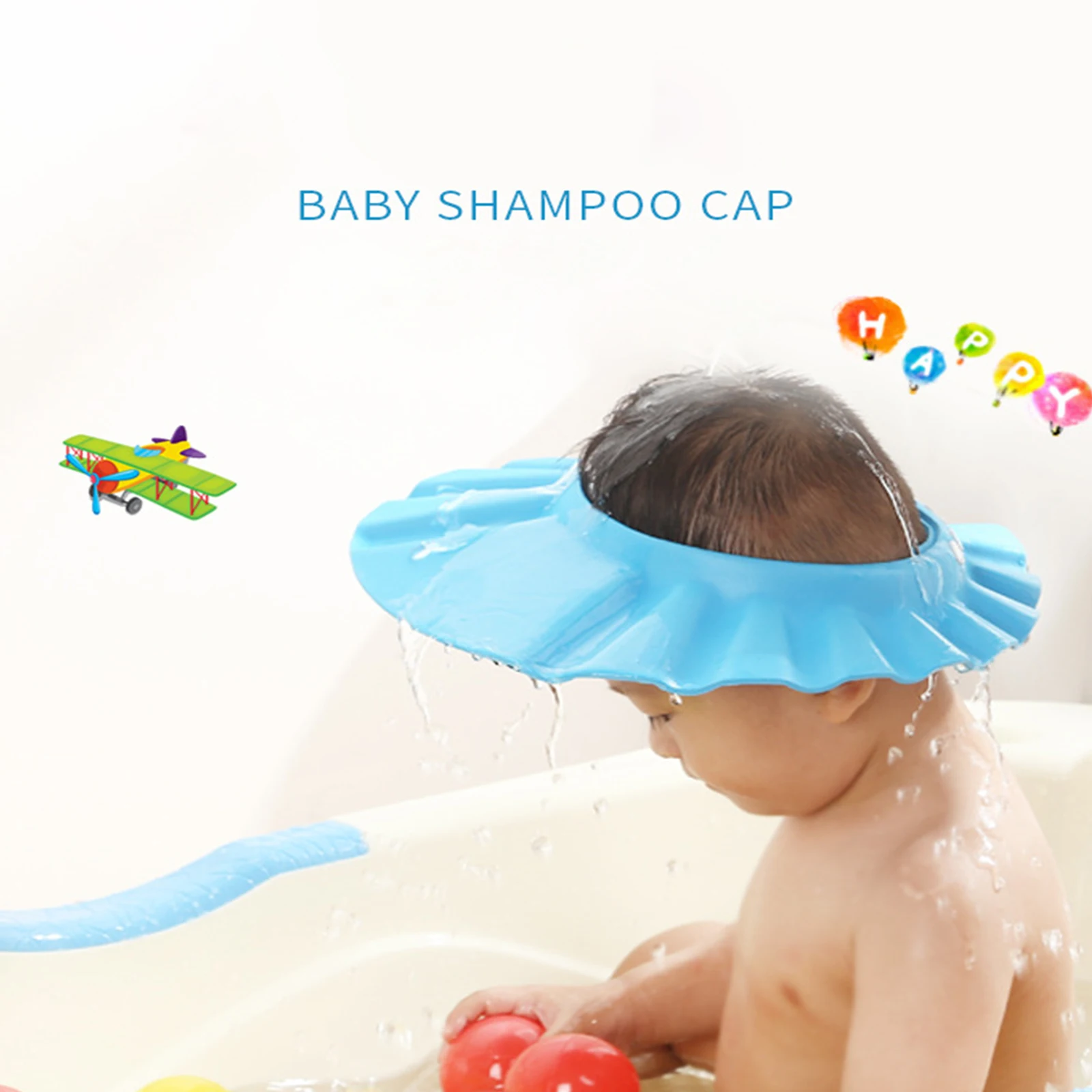 Blue Baby Shower Cap, Bath Shampoo Cap Hat，Soft Hat Adjustable Visor Cap，Protect your eyes and face from water，Suitable for infa