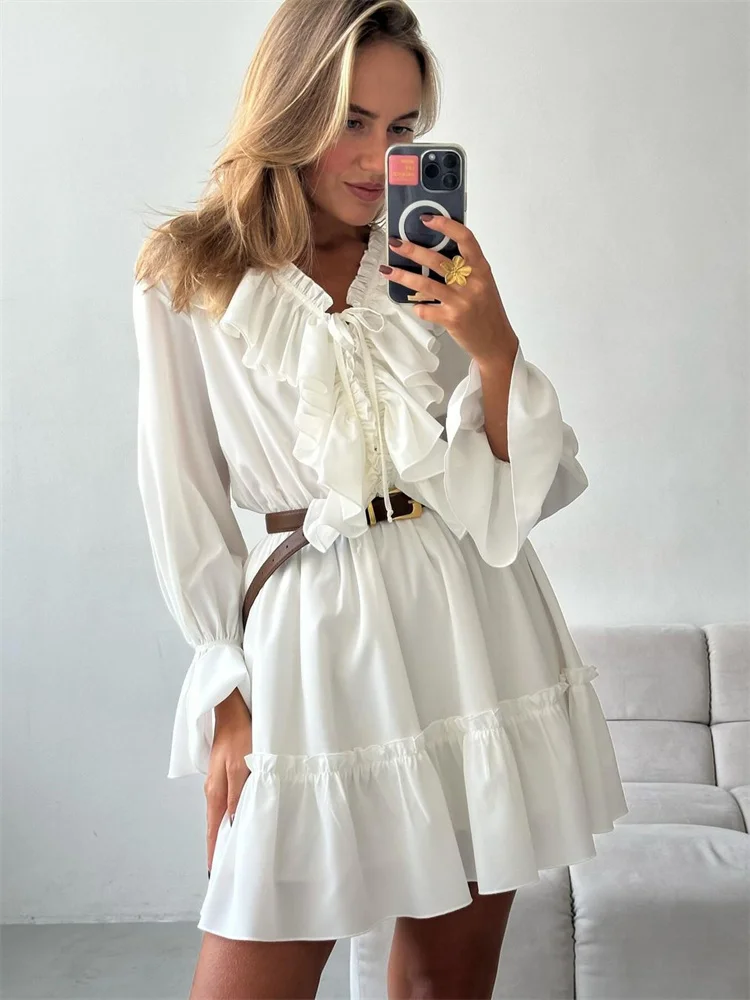 Women's Christmas Snowman Mini Dress - Color Block Striped Long Sleeve Ruffled Holiday Party Dress - View #7