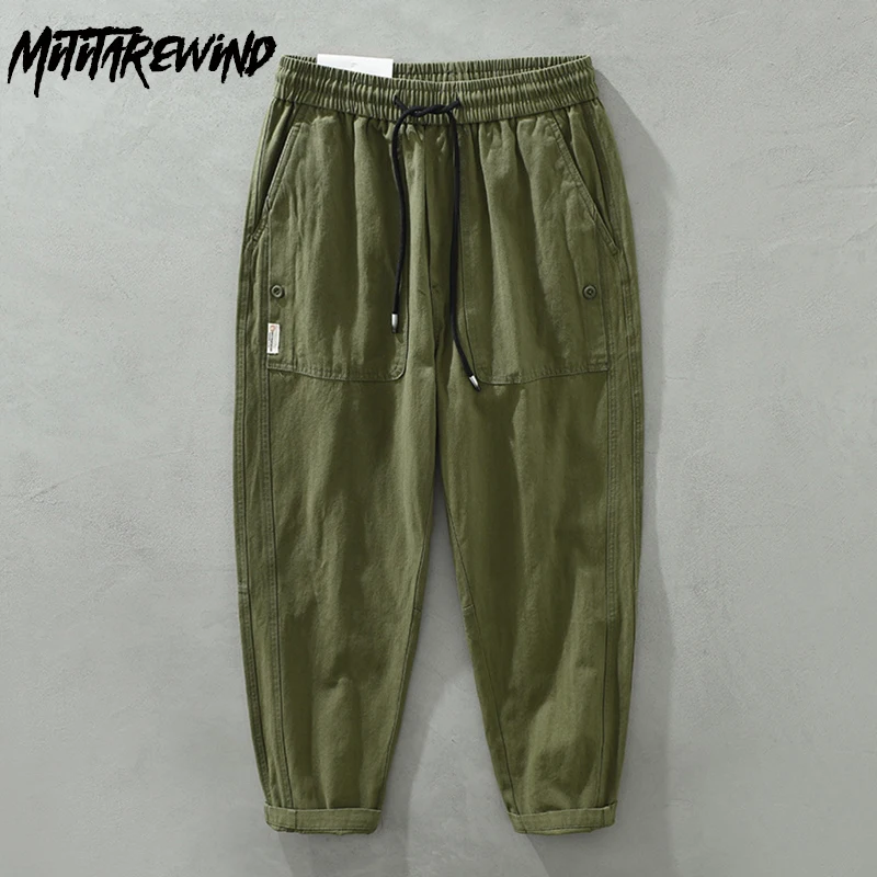 

Autumn Cargo Pants Men High Street Mens Pants Drawstring Elastic Waist Straight Gray Trousers Japanese Retro Casual Loose Pant