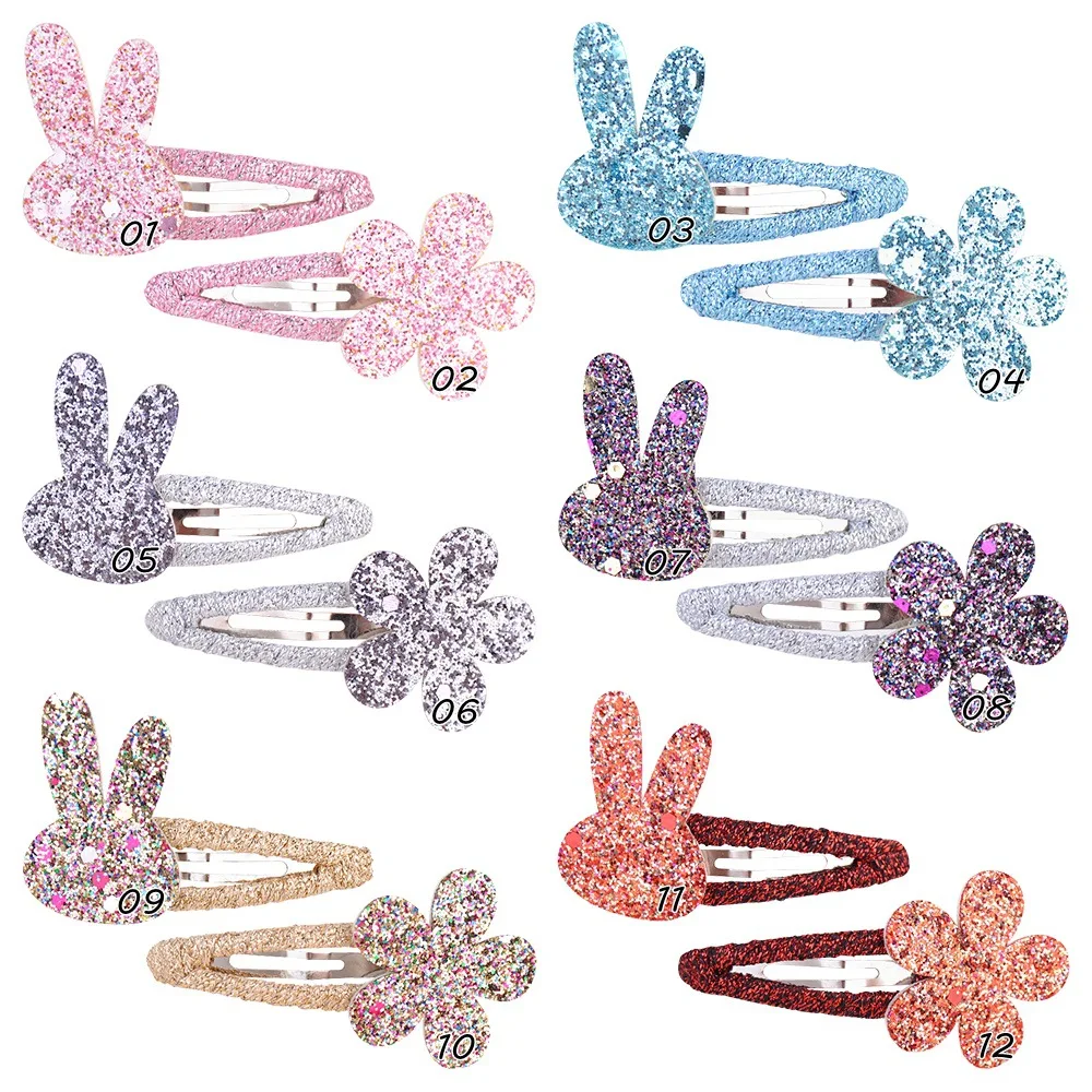 

60pc/lot Glitter Sequin Bunny Ear hair bow Hair Clips Baby Girls Glitter Flower Hairpins Barrettes Kid Party Headwear Bulk