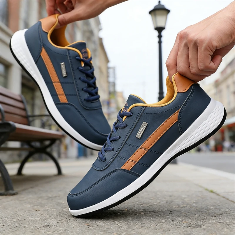 Trendy Men's Sneakers Fashion Non-slip All Black Leather Casual Shoe New Breathable Lightweight Daily Walking Trainers Men Shoes