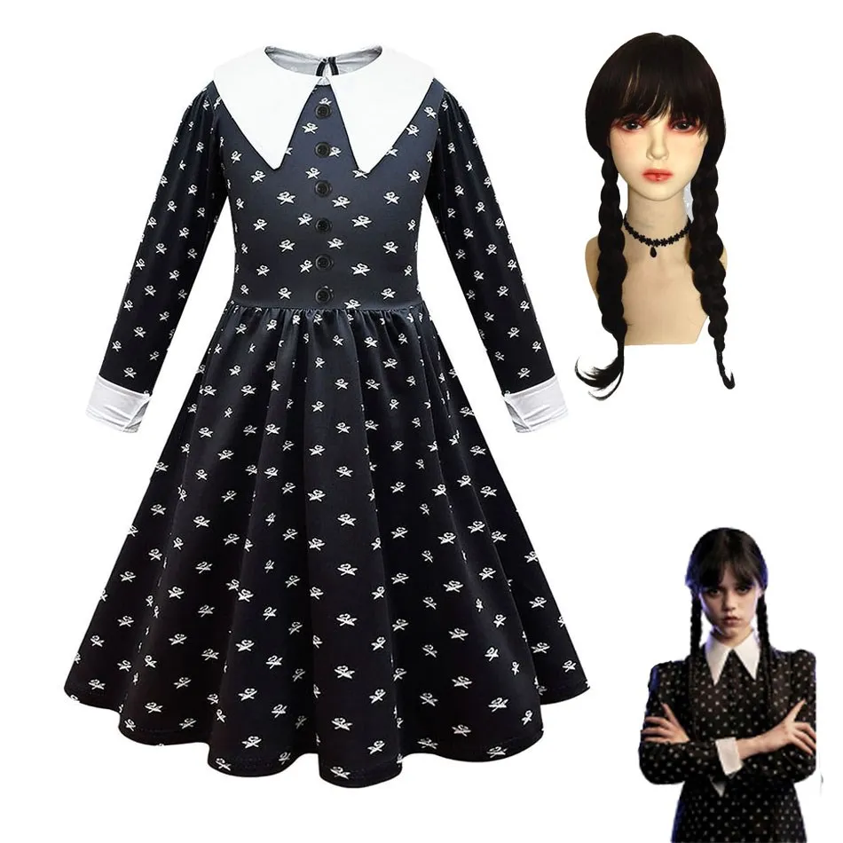 

Children Halloween Cosplay Wednesday Addams Costume Kid Birthday Carvinal Party Dress Girl Dark Style Black Skirt Gothic Costume