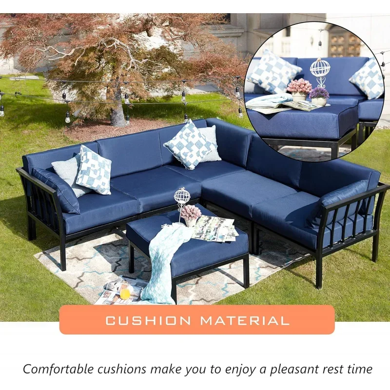 6 piece patio conversation set outdoor furniture sectional sofa with 3 corner couch 2 armless chair and 1 Ottoman, 6pcs, blue Cu