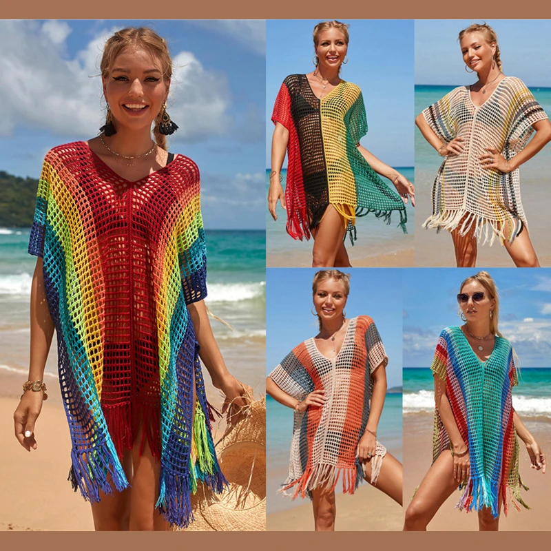 bathing suit dress cover ups Tops For Women Summer Dress Skirts 2022 New Knit Chromatic Stripe Beach Sexy Hollow Out Neck Bikini Smock Color Print Polyester bikini cover