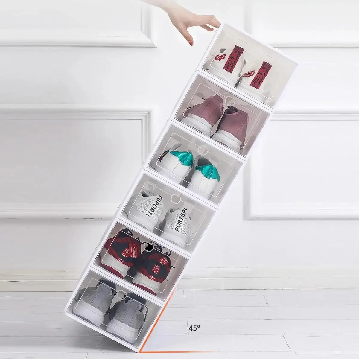 Transparent Plastic Shoe Box with Flip Cover, Stackable and Waterproof