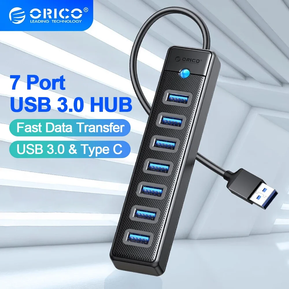 7-Port USB 3.0 Hub with Individual Power Switches and Lights, High-Speed  Data Hub Splitter Portable USB Extension Hub for PC Laptop and More