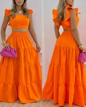 

Divasily Summer Bright Flutter Sleeve Shirred Back Crop Top & Maxi Skirt Set Two Piece Women Boho Long Skirt Suits Robe Femme