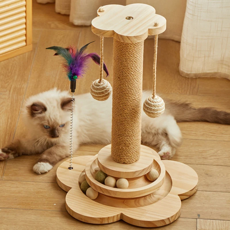 Wooden Pet Cat Toy Tower Funny Cat Stick Balls Sisal Hemp Kitten Scratching Board with Turntable Interactive Balls Accessories