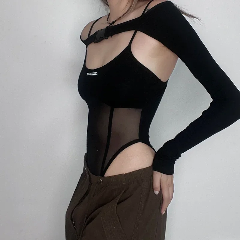 Traje de festival de verano de una pieza con parches de color liso, lencería informal de manga larga, mono sexy con cordones ligeramente transparentes