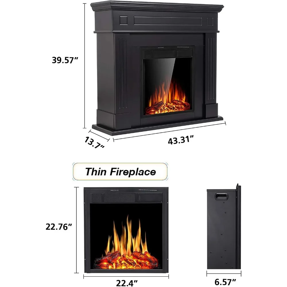 44" Electric Fireplace with Mantel Package Free-Standing Fireplace Heater, Wooden Surround Firebox with Log, Remote Control 5