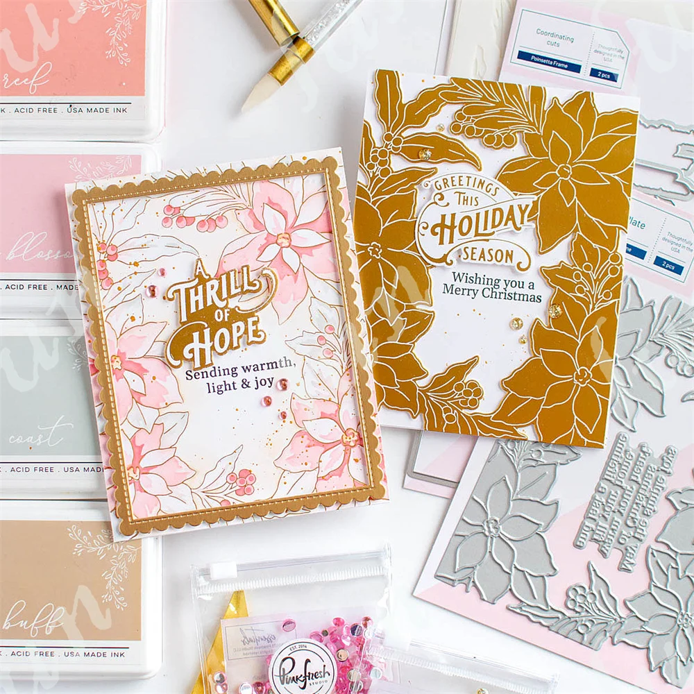 Christmas Poinsettia Frame Cutting Dies Stamps Festive Holiday Bicycle Greetings Hot Foil Stencils Deck the Halls Washi Tape