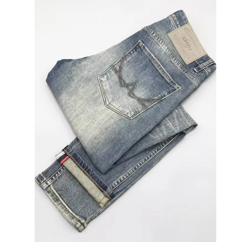Fashion Designer Men Jeans High Quality Retro Washed Blue Stretch Slim Fit Ripped Jeans Men Vintage Designer Denim Pants Hombre