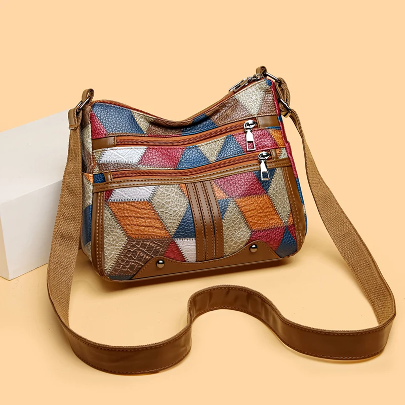 Elegant women's crossbody bag with geometric patterns, multi colored patch shoulder bag, and crossbody bag with multiple compart