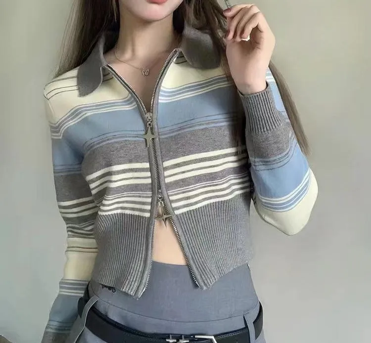 

Женский укороченный свитер на молнии, повседневный вязаный кардиган составного кроя с отложным воротником, зима 2024