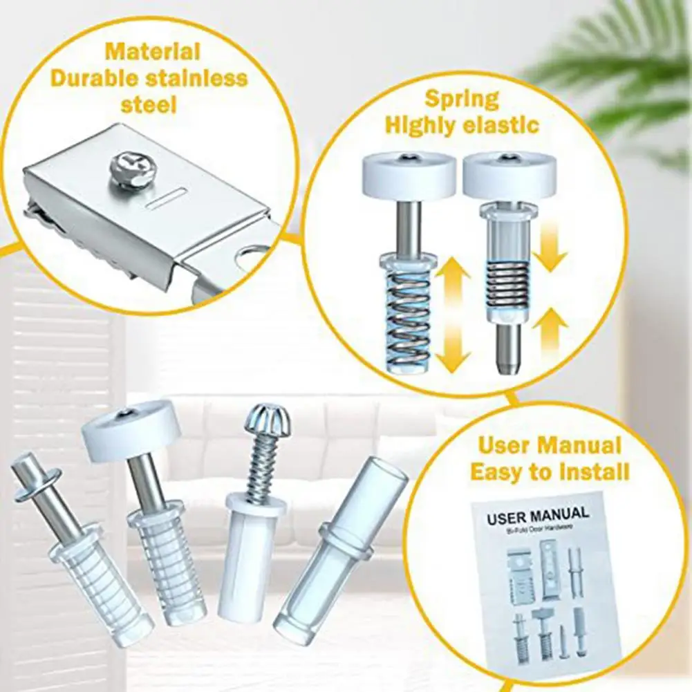 1 Set Smooth Wear-resistant Bi-fold Door Kit Spring Top Bottom Pivots Bracket Guide Wheel Kit Prevent Sliding Blocked