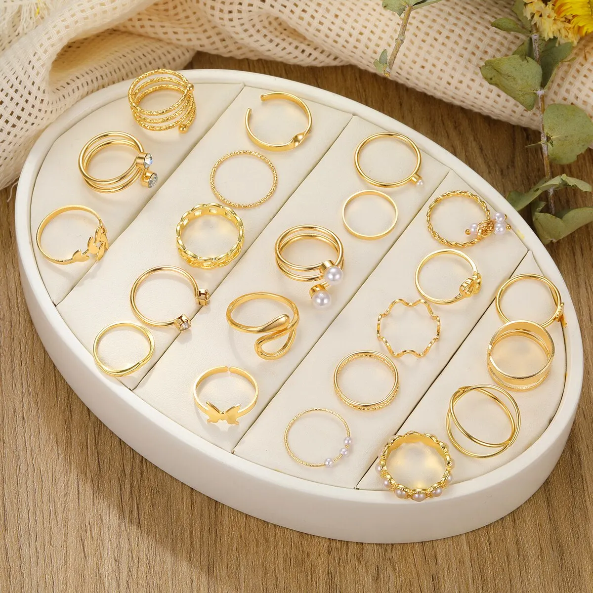 S9bc5add0d39b4cdea437241e9724ea8cB 22 Sets of Ladies Jewelry European And American New Creative Simple Temperament Spiral Fake-pearl Love Ring Gold-color Mallzona