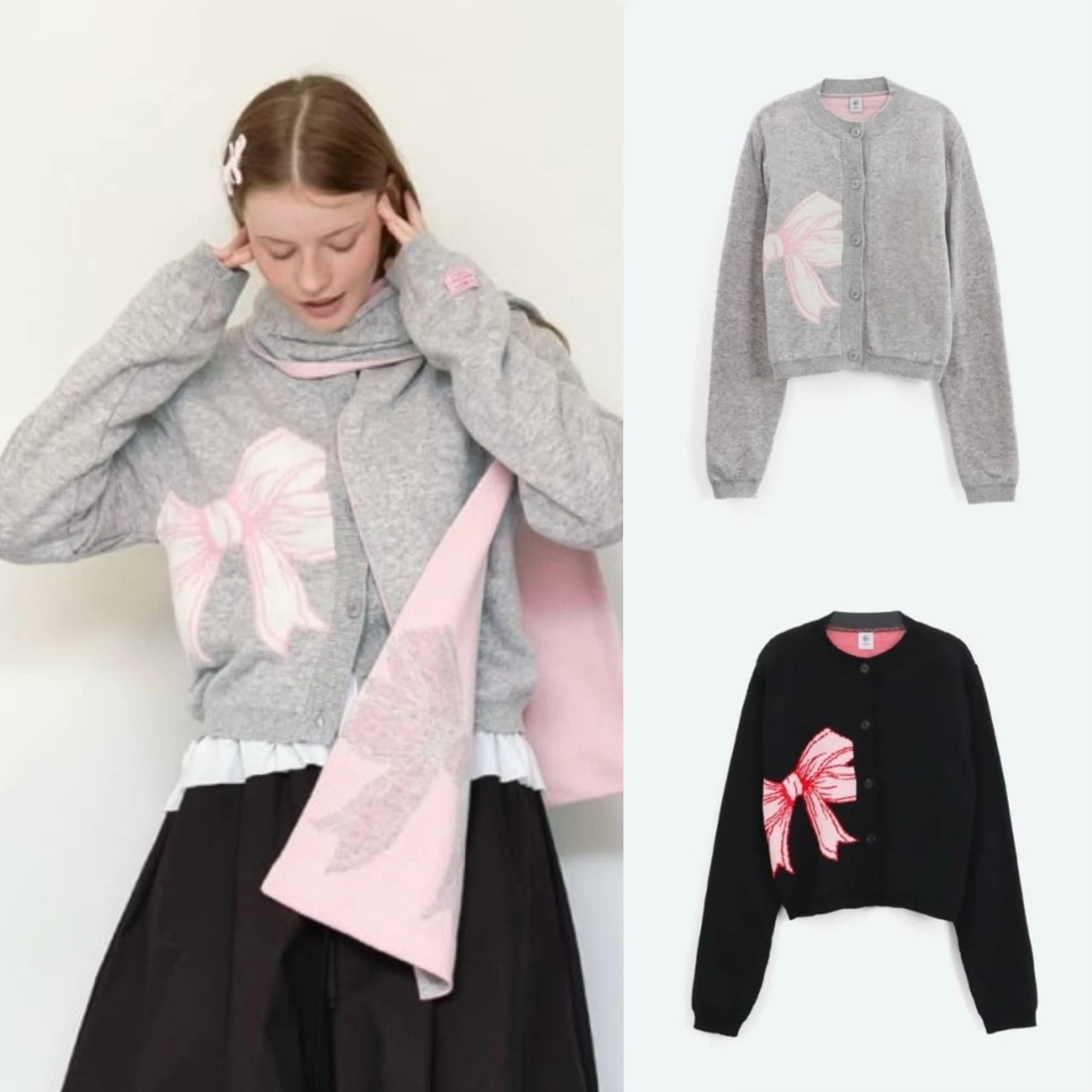 Sweet Sle RonRon  Knot Embroidered Knitted ort Cardigan Sweater Open Front Long Sve round Ne Regular Length