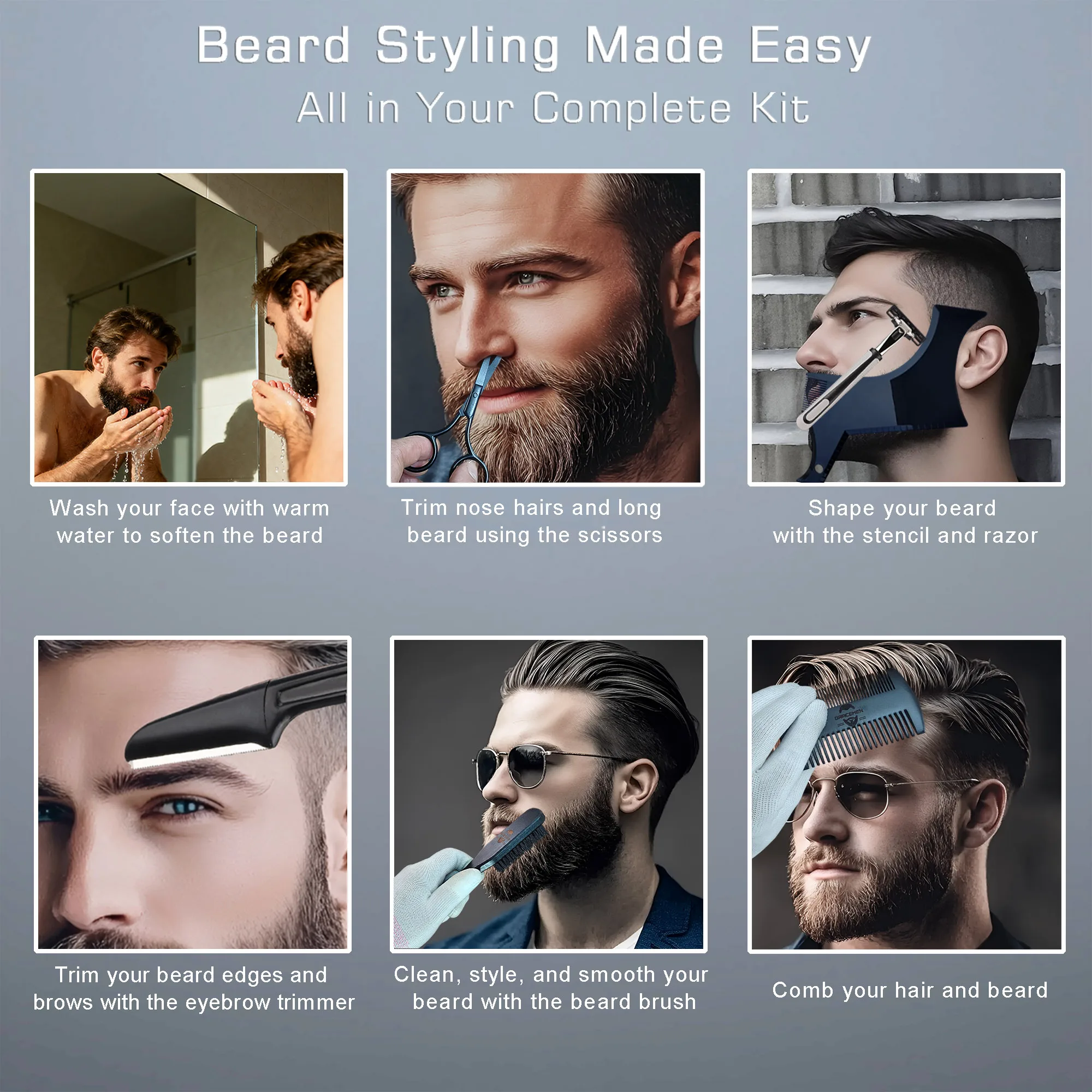 Gracemen Beard Template Kit - 11 in 1 Grooming Suit for Men - Beard Stencil & Brush & Comb & Razor & Scissors with Storage Bag