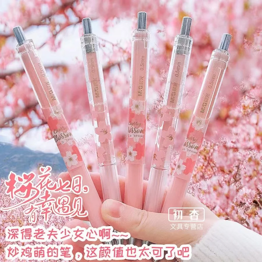 Lovely Cherry Blossom Girls Pink Gel Pen Set 0.5mm Ballpoint Black Color Ink for Writing Office School Supplies lovely color stickers kawaii memo pad sticky notes korean stationery bookmark index tag note classification mark office supplies