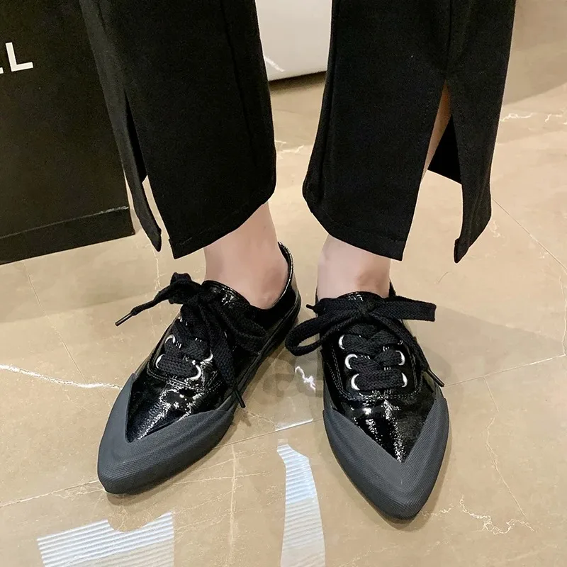 WomenShoes2023NewSpringAutumnPointedToeCrosslaceShoesRubber