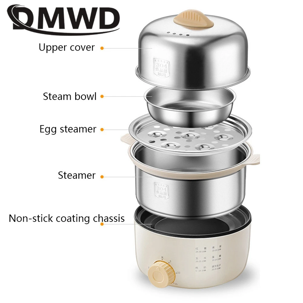DMWD 2 Layer Multifunctional Egg Cooker Egg Custard Steamer 304 Stainless Steel Omelettes Machine Food Heater Crepe Maker 220V 2