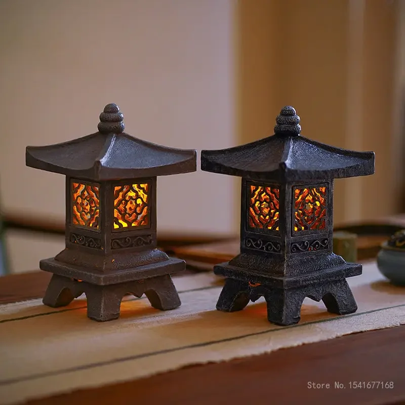 Chinese Zen Imitation Stone Tower Resin Landscape Rechargeable Palace Lamp Home Indoor Courtyard Living Room Office, Study Decor