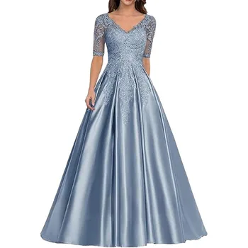 Abito per la madre della sposa personalizzato Abito elegante da cerimonia nuziale in raso di pizzo con collo trasparente e mezza manica, abito da sera formale da donna
