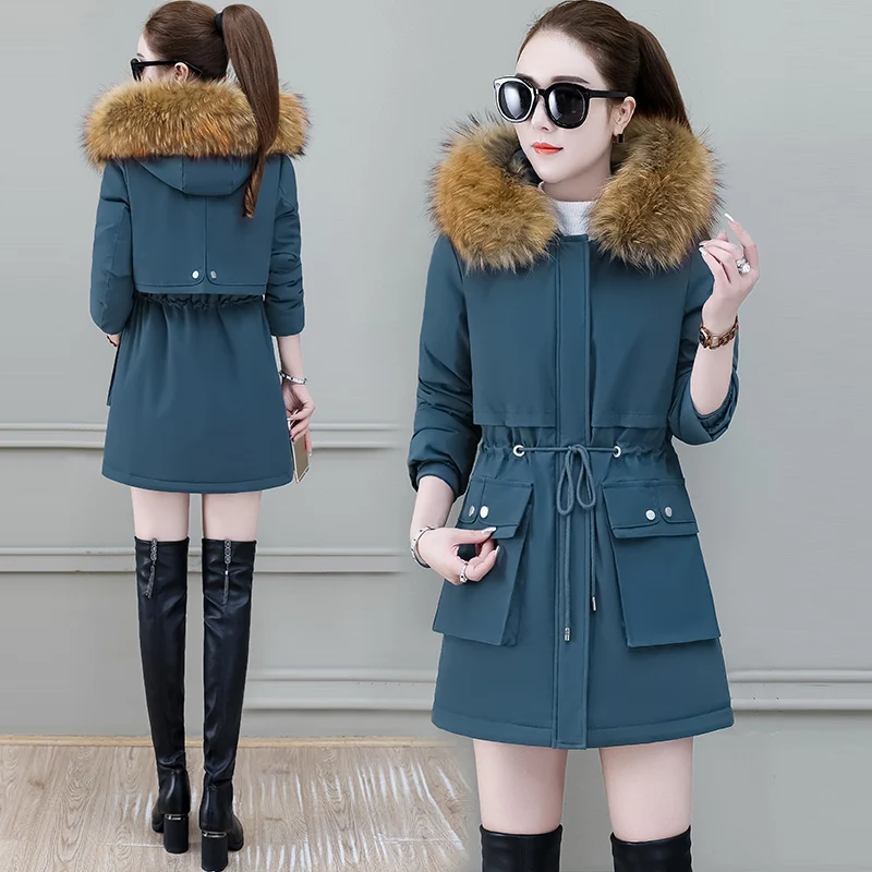 

New Women'S Fashion Hooded Woollen Collar Workwear Style Overcome Coat Korean Edition Thickened Warm Down Cotton Windbreaker