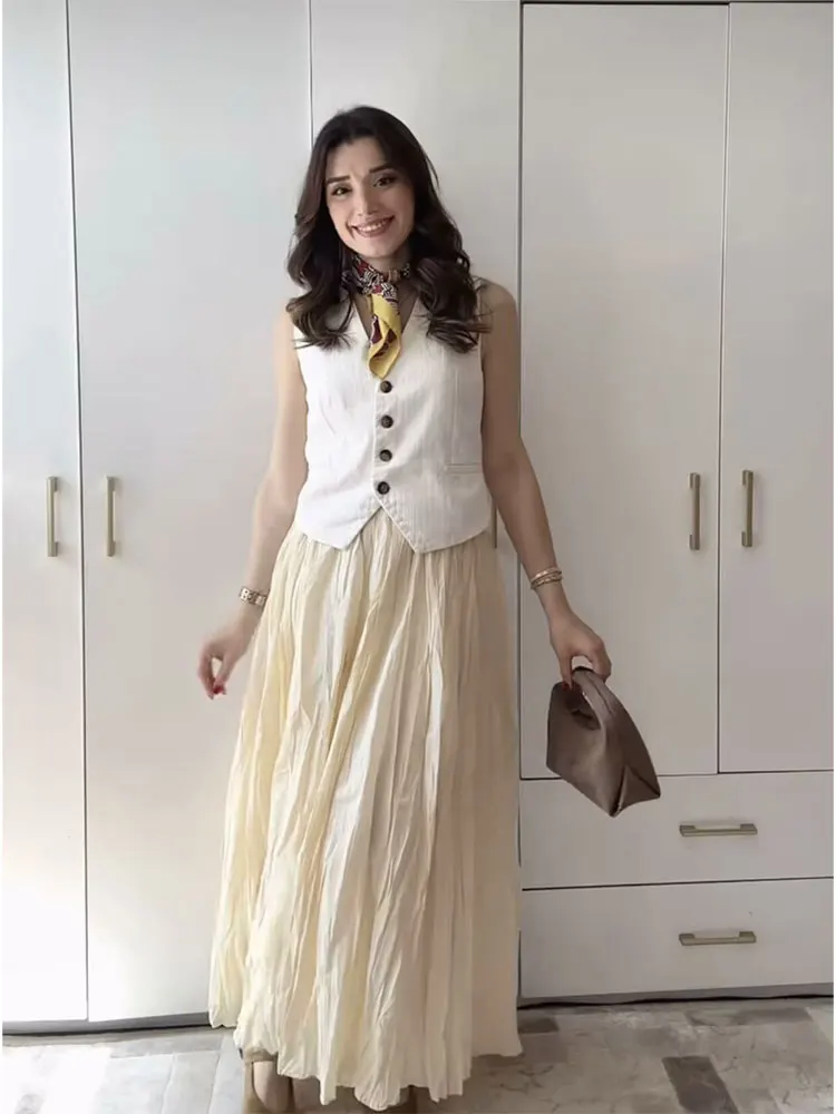 HH Women Elegant Yellow Pleated Long Skirts Elastic Waist Loose Casual High Waist Skirt Female A-Line Solid Tulle Skirt