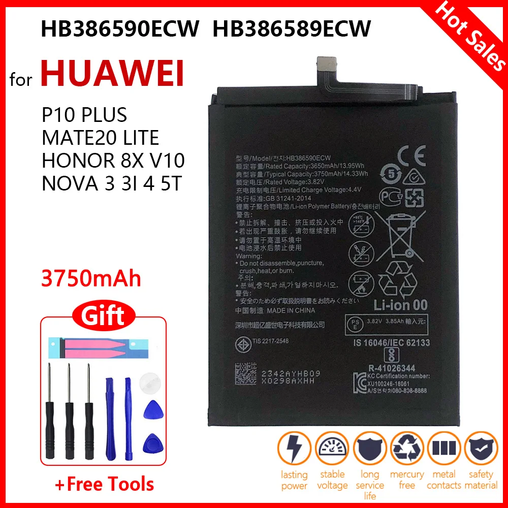 

Replacement Battery HB386590ECW For Huawei Honor 8X V10 20 20S P10 Plus Play Mate20 Lite Nova 3 3i 4 5T Maimang 7 HB386589ECW