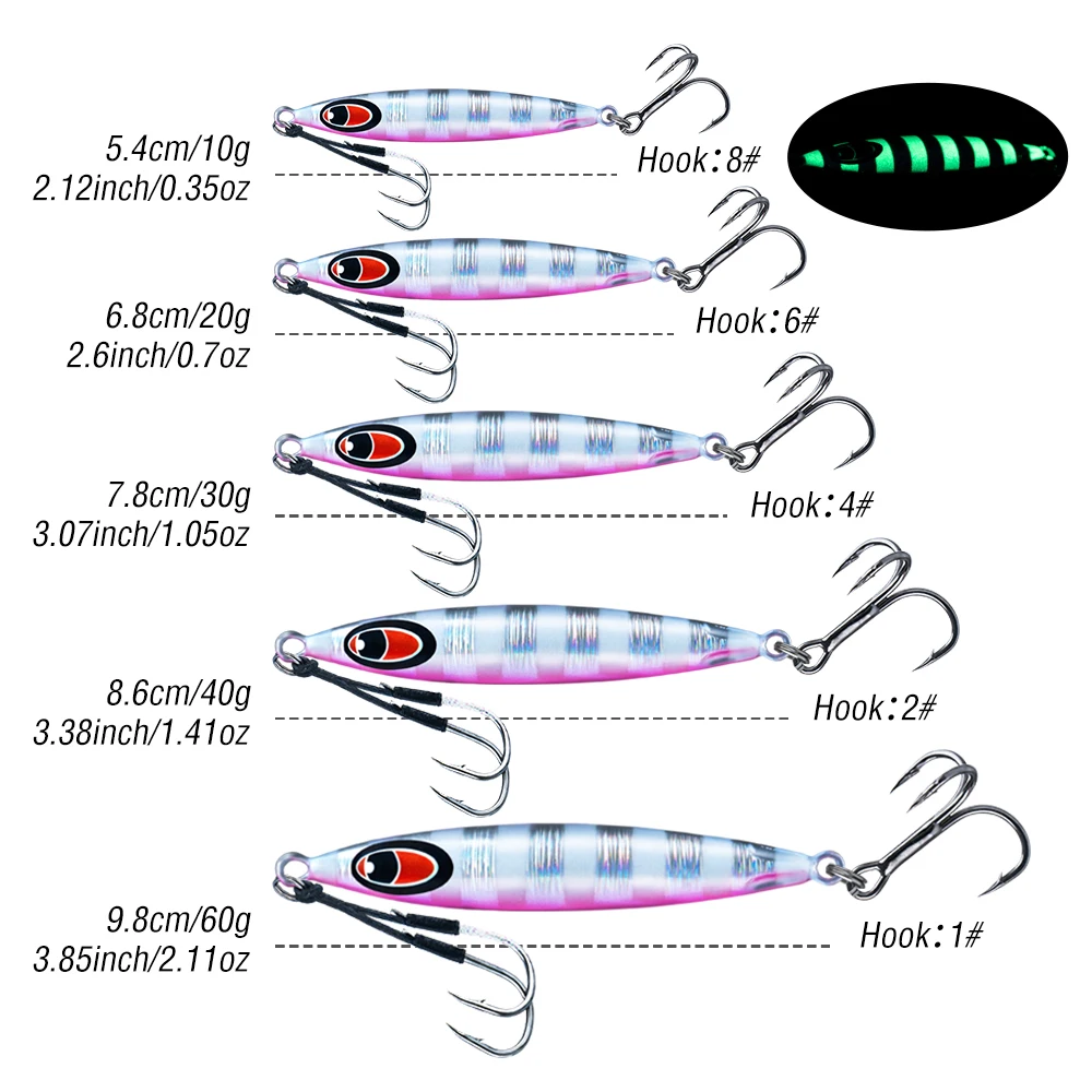 5 Stück leuchtende Angel-Jig 10–60 g Jigging-Köder, künstlicher harter Köder, Metallguss-Köder mit scharfem Haken – Detail 7