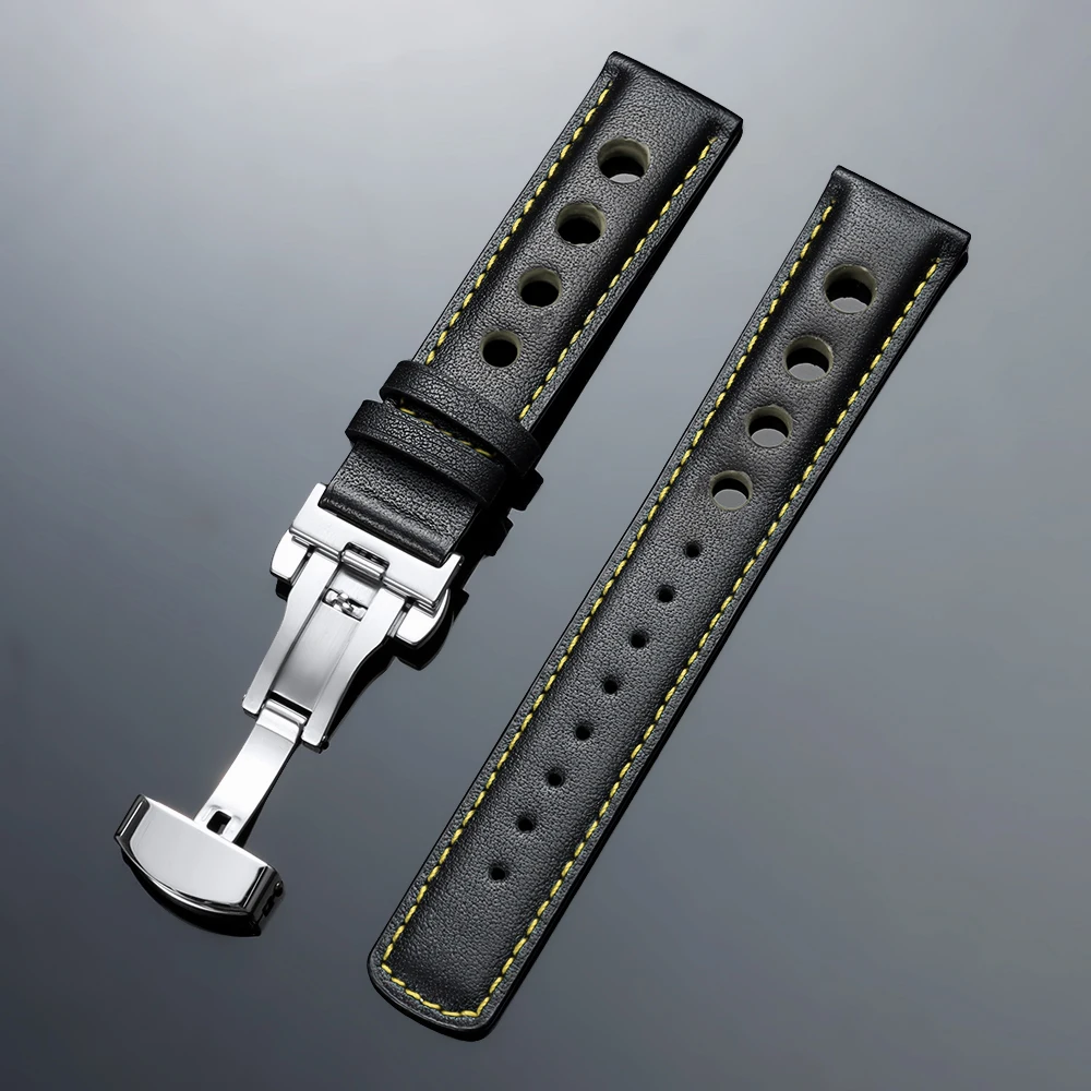 Vintage Genuine Leather Watchband with Butterfly Clasp - Fashionable 20mm Cowhide Strap