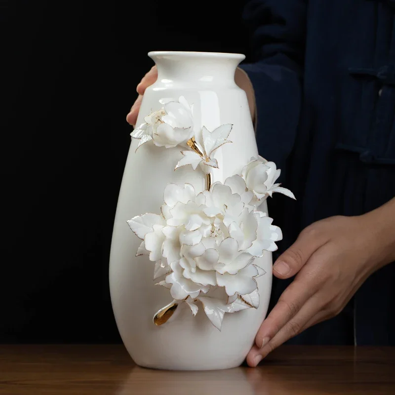 Vase ceramic handmade peony porcelain flower livingroom studyhigh-end ...