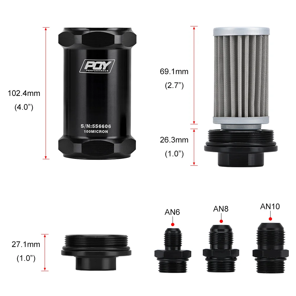 Motorcycle Fuel Filter Fuel Filter PQY AN6 / AN8 / AN10 Inline Fuel Filter E85 Ethanol 100 Micron Stainless steel element