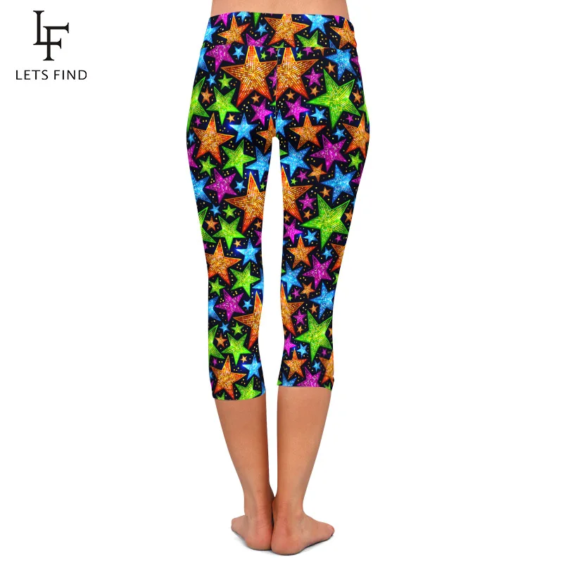 LETSFIND 2020 New Glitter Stars Printing Women Capri Leggings High Elastic High Waist Fitness Slim Mid-Calf Leggings