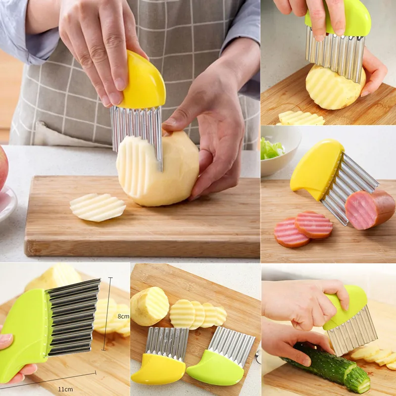 Stainless Steel Potato Chip Slicer Dough Vegetable Fruit Crinkle Wavy Slicer Knife Potato Cutter Chopper French Fry Maker Tool vegetable slicer french fry cutter