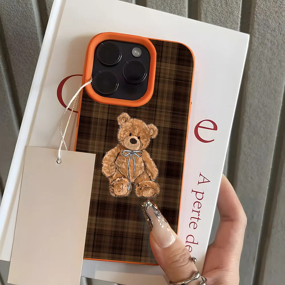 Retro Plaid Cute Bear Pattern Lychee Soft Phone Case Cover