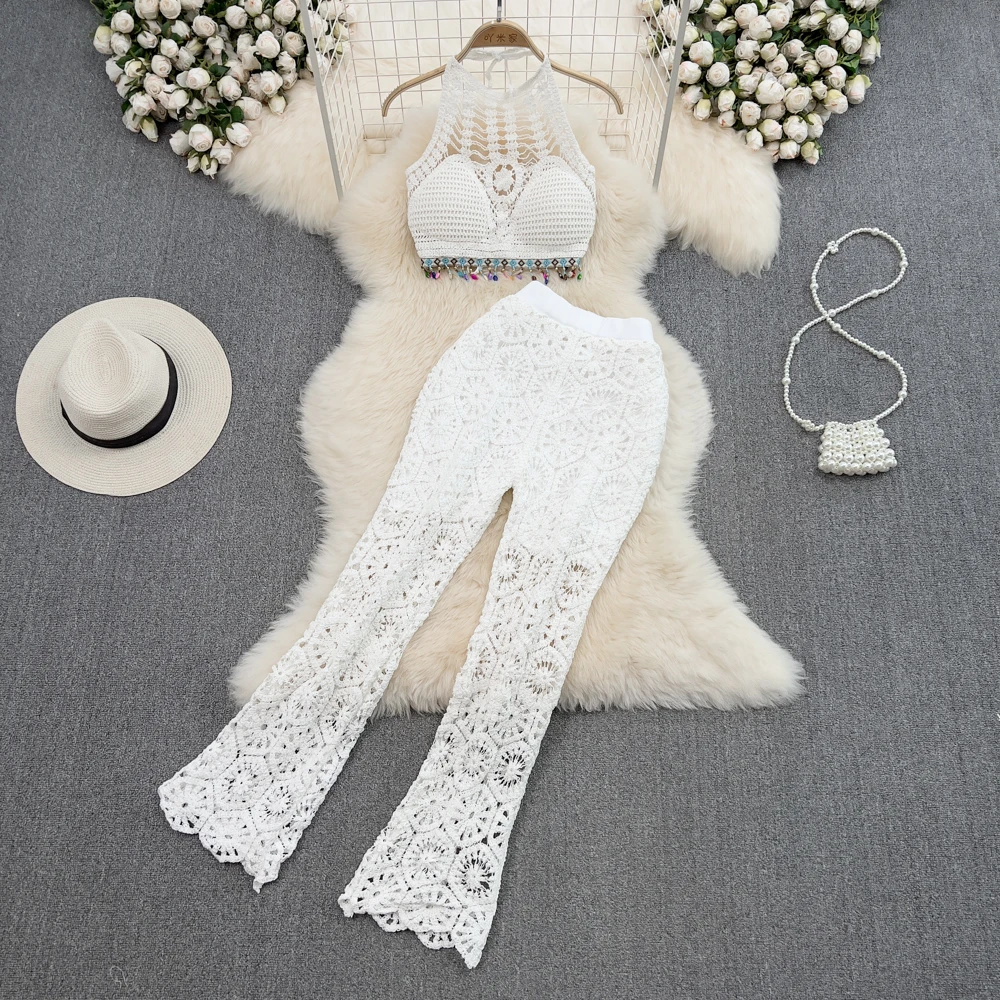 OUMEA Summer Seaside Holiday Suit Female Knitting Hanging Neck Strapless Hook Flower Vest Wear Casual High Waist Bell-bottoms