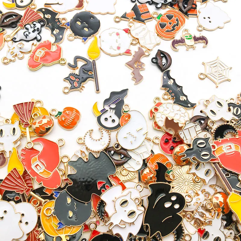 10/20/30/40 stücke Emaille Halloween Dekoration Charms Legierung Geist, Kürbis, Spinne, Fledermaus Anhänger für DIY Schmuck Herstellung Zubehör – Detail 2