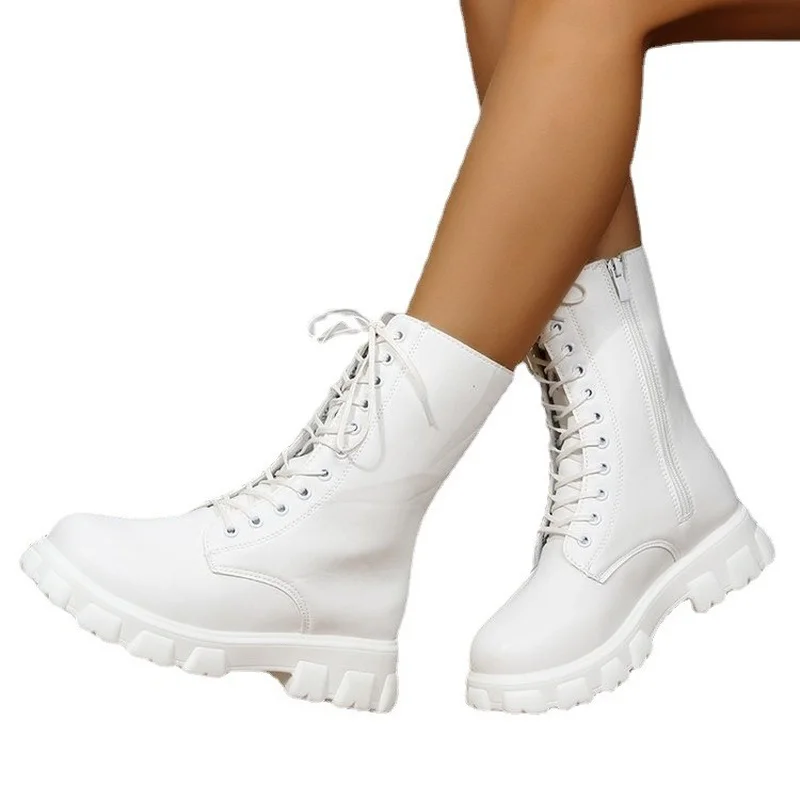 Pu Leather Combat Ankle Boots Women 2022 Autumn Winter Gothic Platform Shoes Ladies Black Lace Up Short Motorcycle Boots Girls