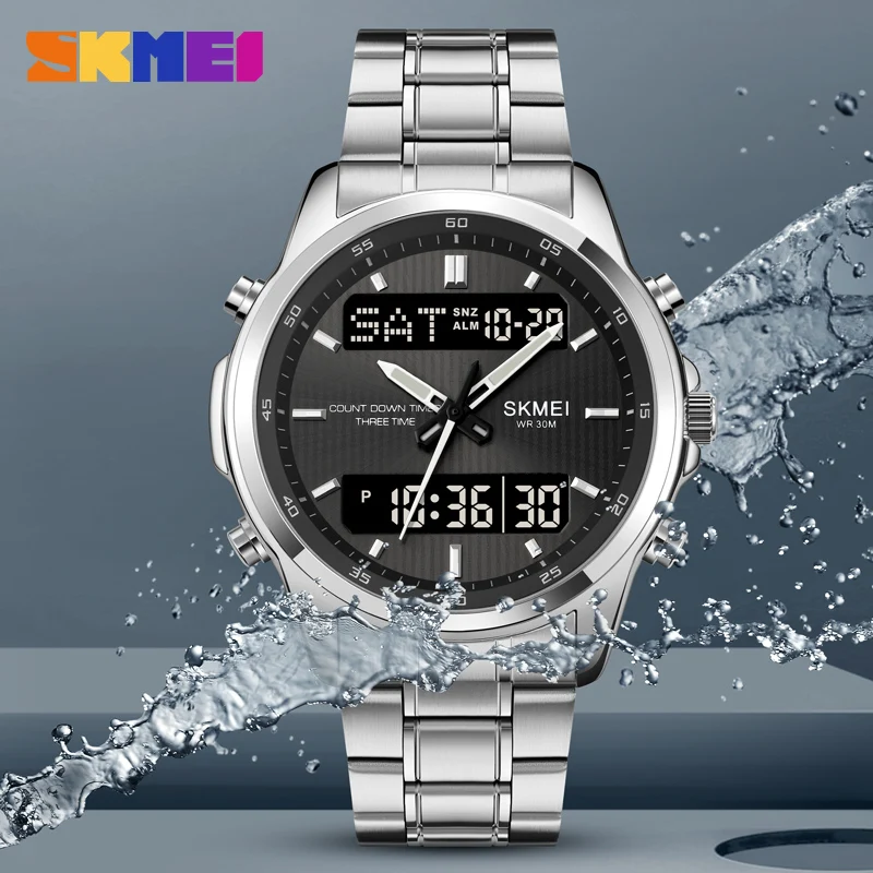 SKMEI 2049 Luxury Digital Watch Men's Countdown LED Dual Display Men's Sport Waterproof Stainless Steel Strap Clock reloj hombre