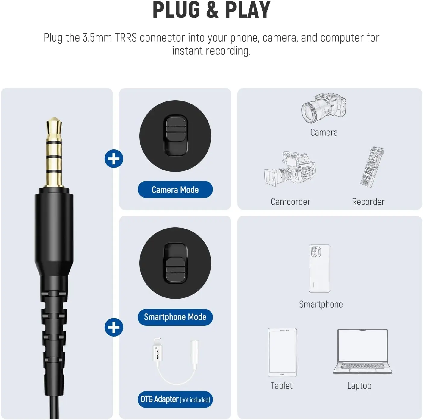 NEEWER 3.5mm TRRS Lavalier Lapel Microphone Plug & Play Mini Clip on Mic Omnidirectional Condenser for Camera Phone PC CM10