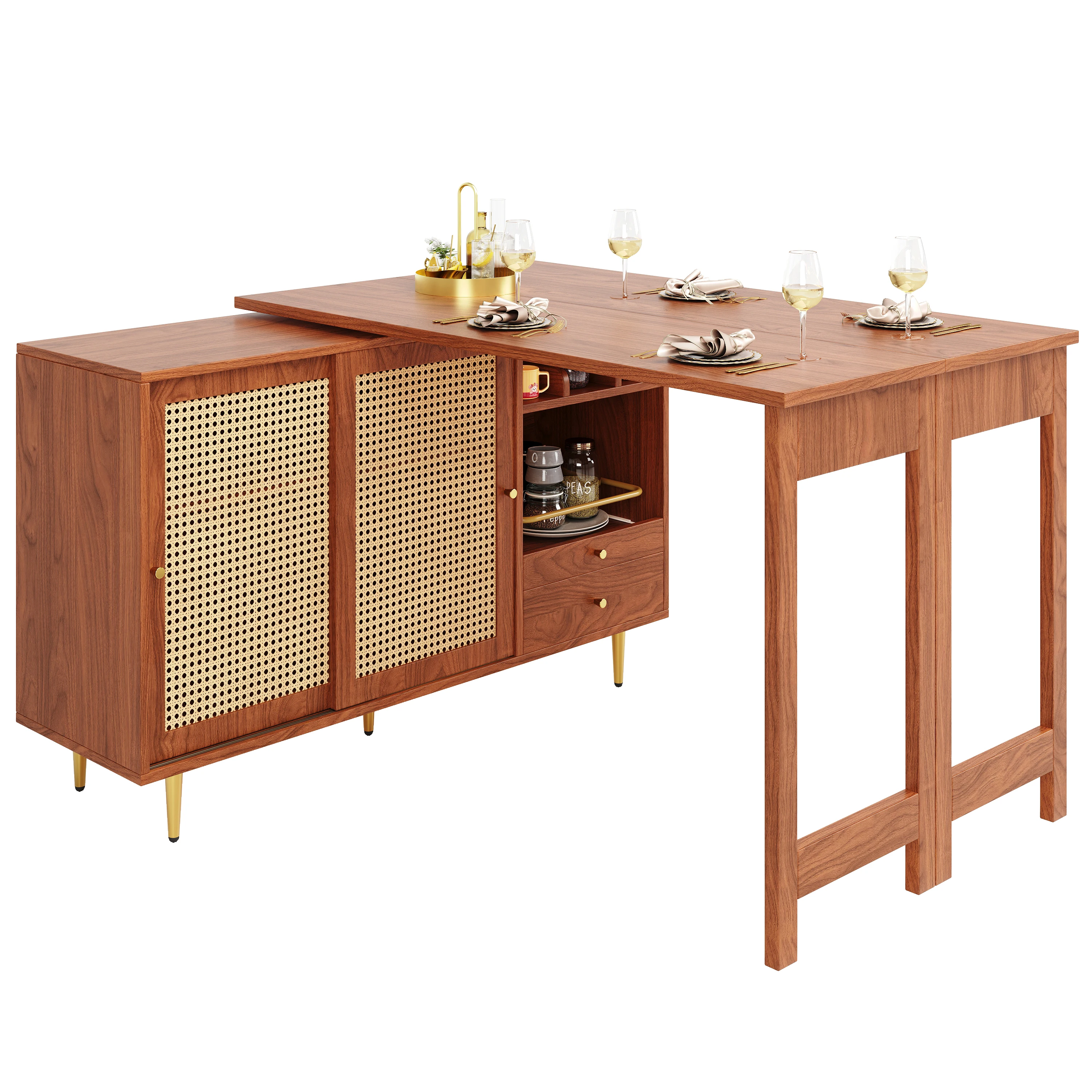 360 ° Drehbarer Bartisch (Hauptkörper: 107 x 40 x 71,4 cm), brauner Bartisch mit ausziehbarem Design, Aufbewahrungsschrank mit Rattantür – Detail 19