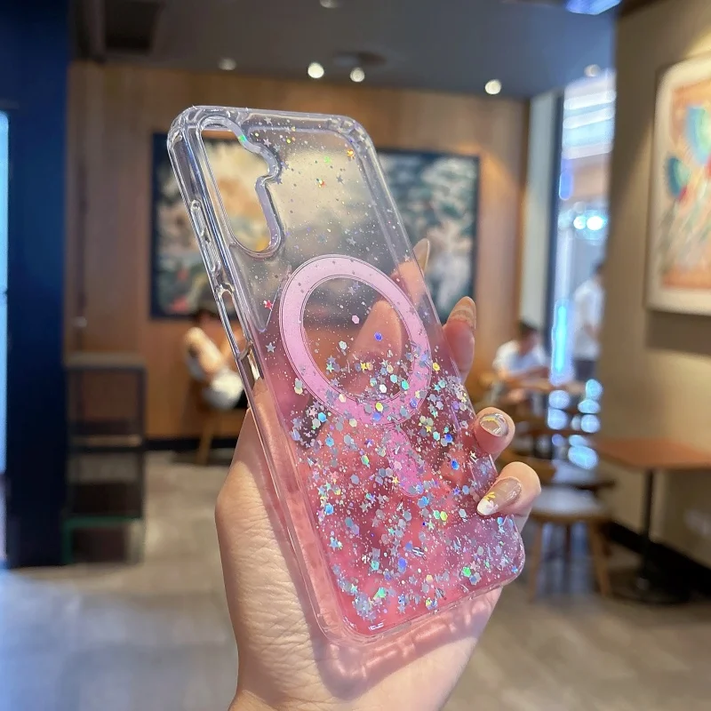 Glitter Star Transparent Magnetic Case with Magsafe Wireless Charging Compatible Soft Cover