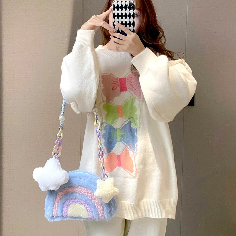 JIOMAY Rainbow Plush Purses and Handbags for Women 2022 Shopper Acrylic Chain Cloud Pendant Cute Girls Pearl Wallet Shoulder Bag