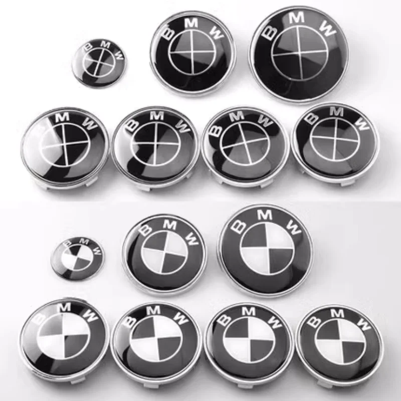 BMW 레이스 트랙용 전면 후드 엠블럼, 블랙 화이트 로고 81mm, 후면 배지 74mm, 휠 허브 캡 68mm, 56mm 스티어링 휠 스티커 46mm