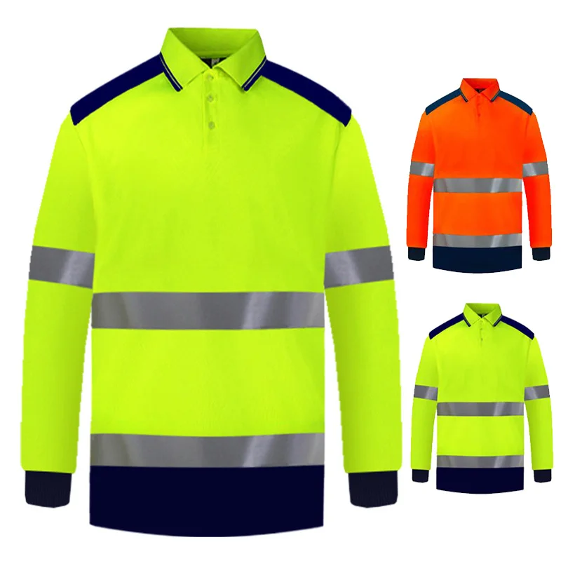 Mens Visibility Reflective Tape Safety Polo Long Sleeve Workwear Tee Tshirt Top