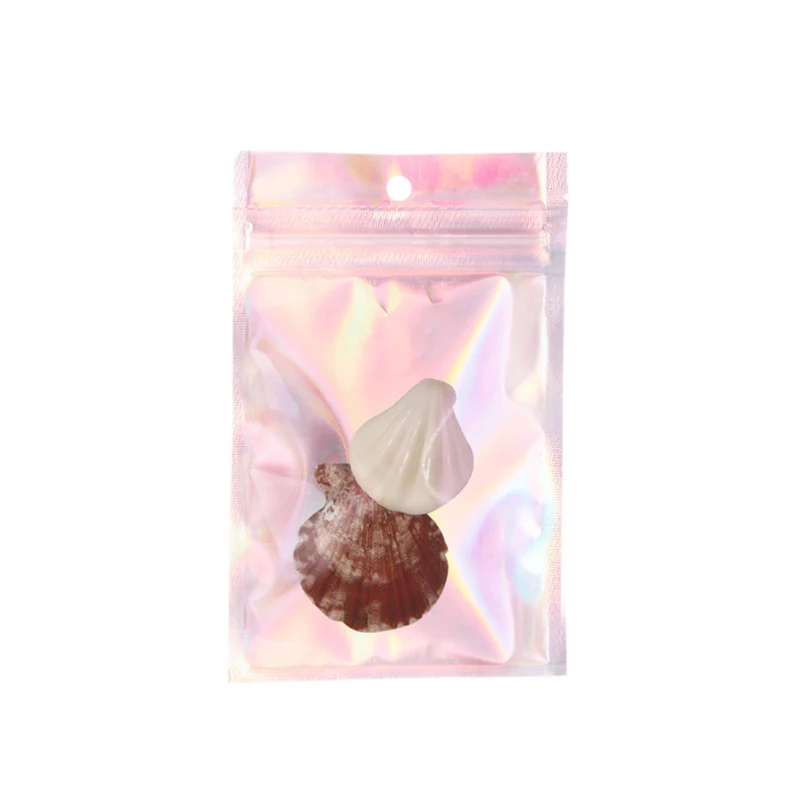 50 Stück wieder versch ließbare holo graphische rosa klare Reiß verschluss verpackungs tasche für Lebensmittel Wimpern Make-up Schmuck Display Klein unternehmen Lieferungen – Detail 3