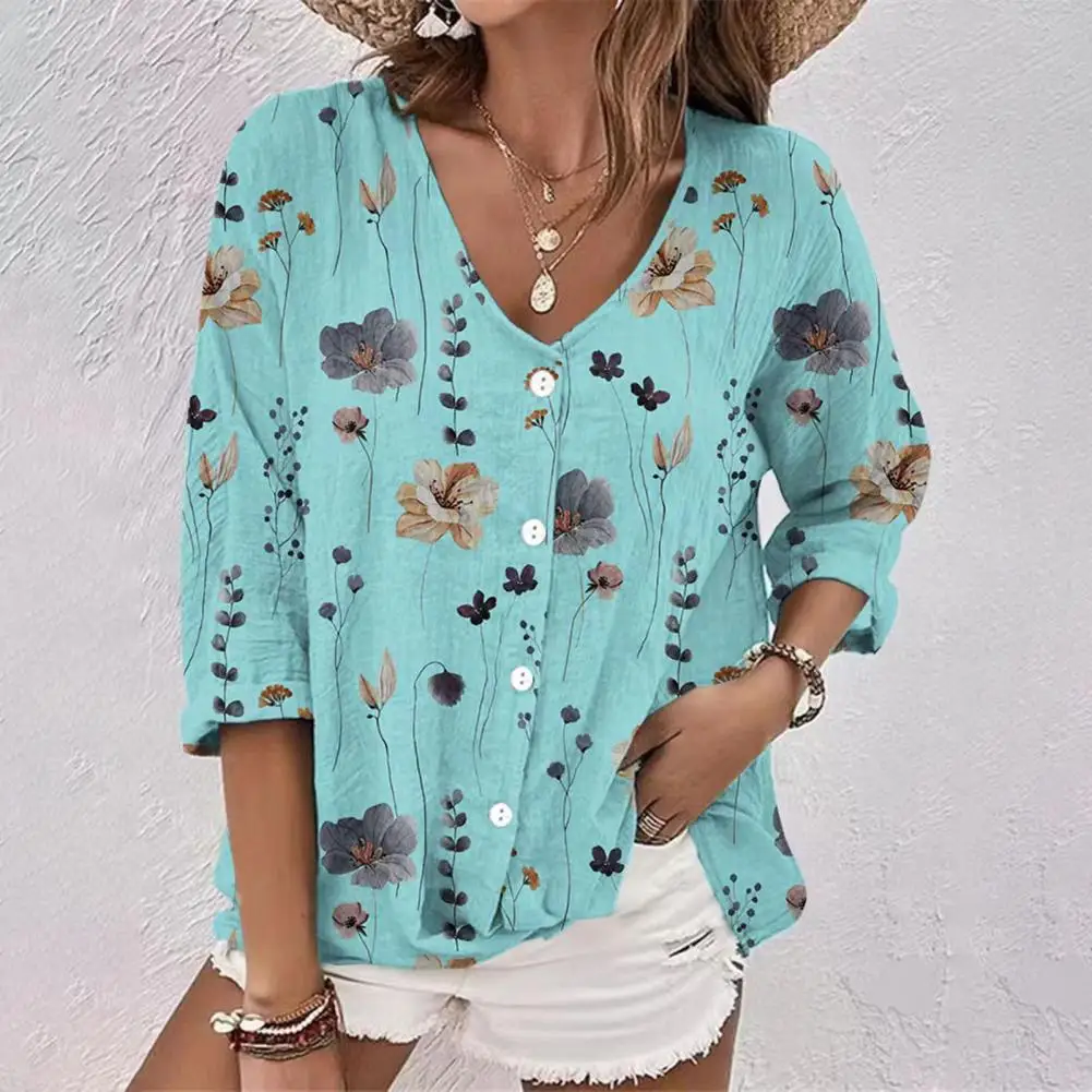 

Women Blouse Flower Print V Neck Women's T-shirt Soft Casual Colorfast Spring-fall Blouse with Long Sleeves Buttons Lightweight