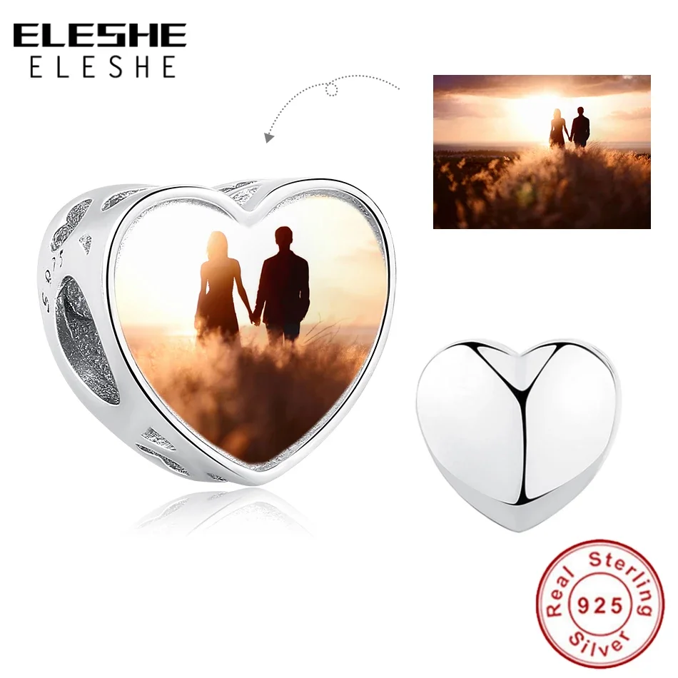 ELESHE Free Customized Photo 925 Sterling Silver Heart Charm Beads Fit Original Bracelet Necklace Personalized DIY Jewelry personalized custom photo 925 sterling silver round charms beads fit bracelet necklace pendant original diy jewelry